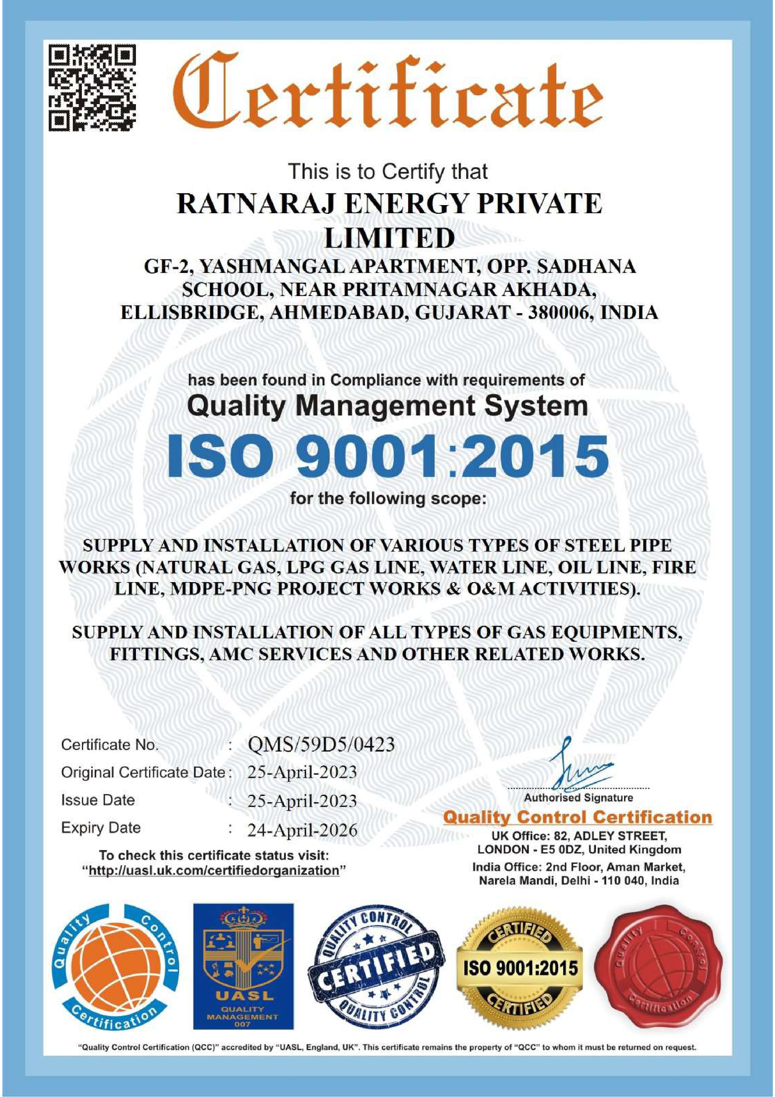 ISO 9001:2015 Quality Management System — Ratnaraj Energy